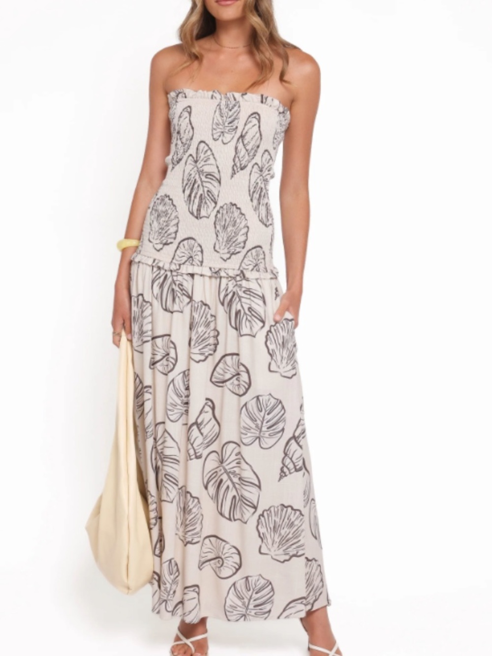 Petal & Pup Strapless Cream Maxi Dress with Black Leaf Print